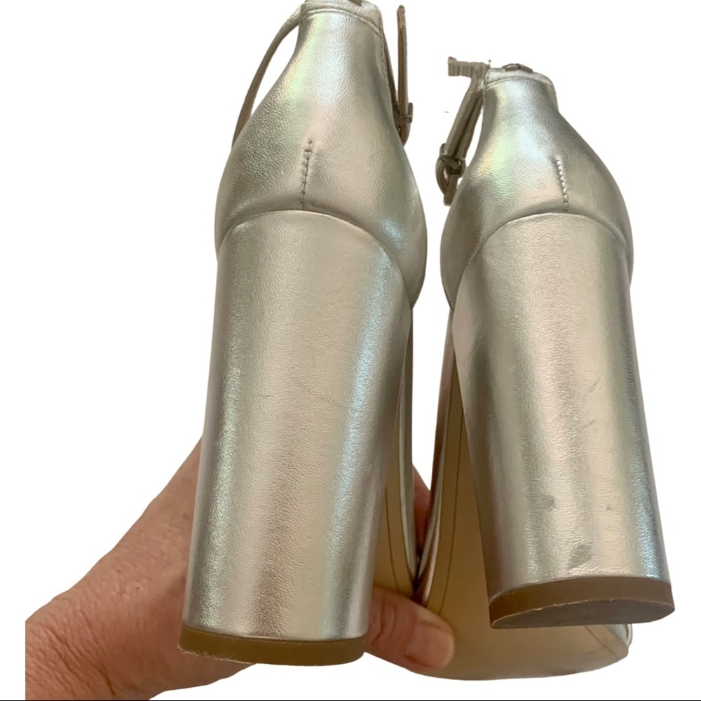 SAM EDELMAN Yaro Block Heel 4” Leather Sandal Silver Shimmer Metallic Size 8.5 - Picture 10 of 14